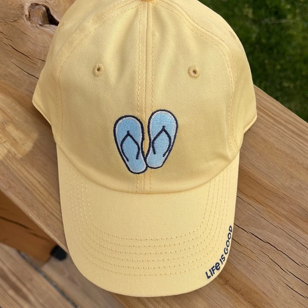 Life is Good Yellow Baseball Cap with Blue Flipflops